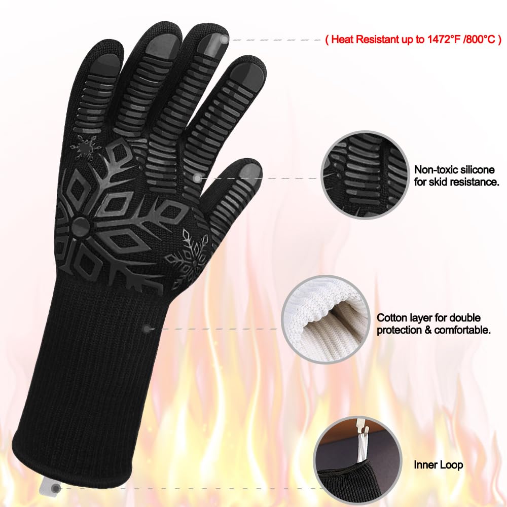 Comsmart BBQ Gloves, Heat Resistant Gloves, Silicone Non-Slip Grill Gloves, Fireproof Oven Gloves BBQ Grill Accessories for Grilling, Barbecue, Cooking, Baking, Black