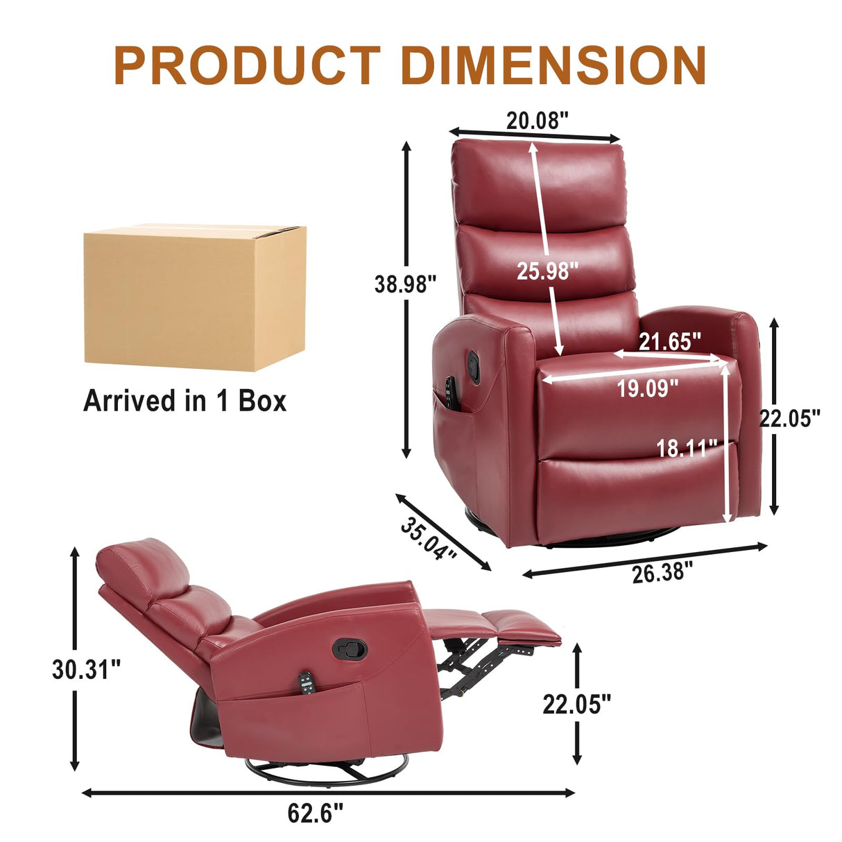 Trustyue Swivel Rocker Recliner Chair, 360° Swivel Recliner with Heat and Massage, Rocker Recliner Easy to Clean Leathery Nursery Glider Recliner Chair with Side Pockets for Living Room Red Trustyue