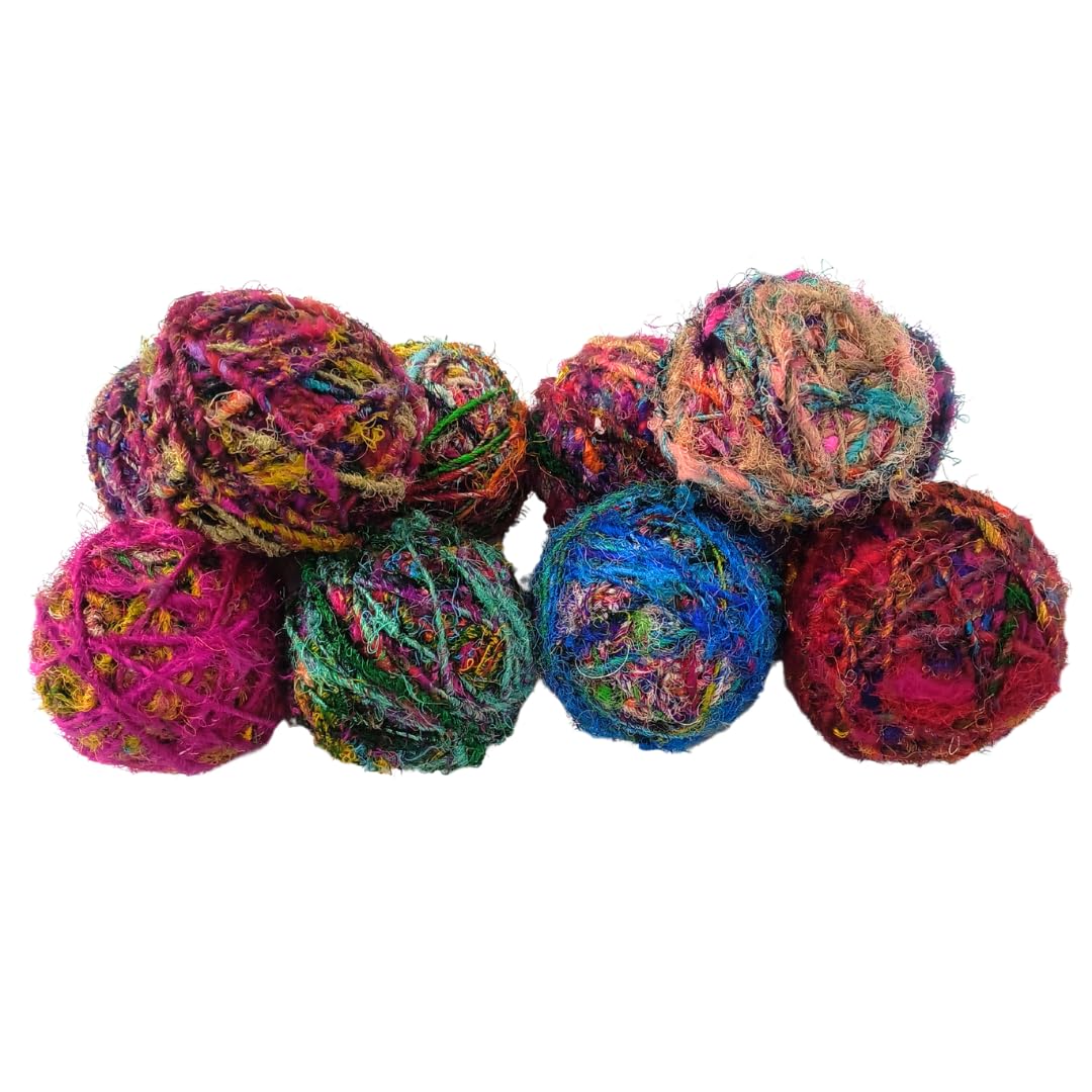 KNITSILK Recycled Sari Silk Yarn – 1 x 100g Multicolour Unique Bulky Yarn Ball, 80+ Yards | Eco-Friendly Handmade Fiber for Knitting, Crochet, Weaving, Crafts, and DIY Projects. Knitsilk
