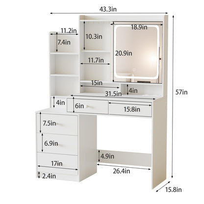 Vabches Vanity Makeup Mirror Desk with Stool,Makeup Vanity Set with 6 Drawers and Shelves,Vanity Table with Power Strip,Vanity Mirror 3 Lighting Color Adjustable,White