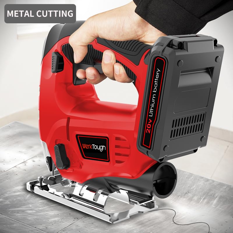 Powertough Cordless Jig Saw,20V Electric Jigsaw Tool Kit with Variable Speed,Pendulum Function, 0-45°Adjustable Cutting Bevel,2.0A Li-ion Battery With 1 Hour Fast Charger,9pcs Free Blade PowerTough