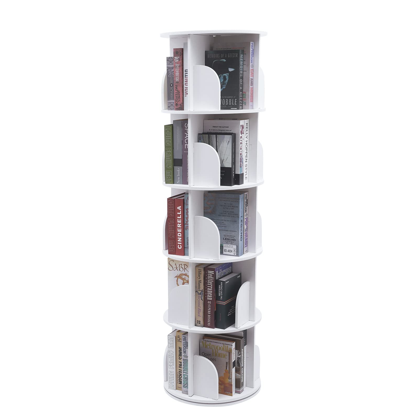 5-Tier 360° Rotating Corner Bookshelf by HAPPCUCOE - Contemporary White Floor Standing Organizer for Home and Office - WoodArtSupply