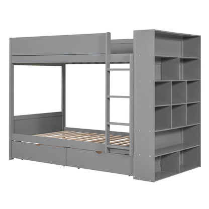 Harper & Bright Designs Twin Over Twin Bunk Bed with Storage, Wood Bunk Bed Frame with 2 Drawers and Multi-Layer Cabinet, Gray