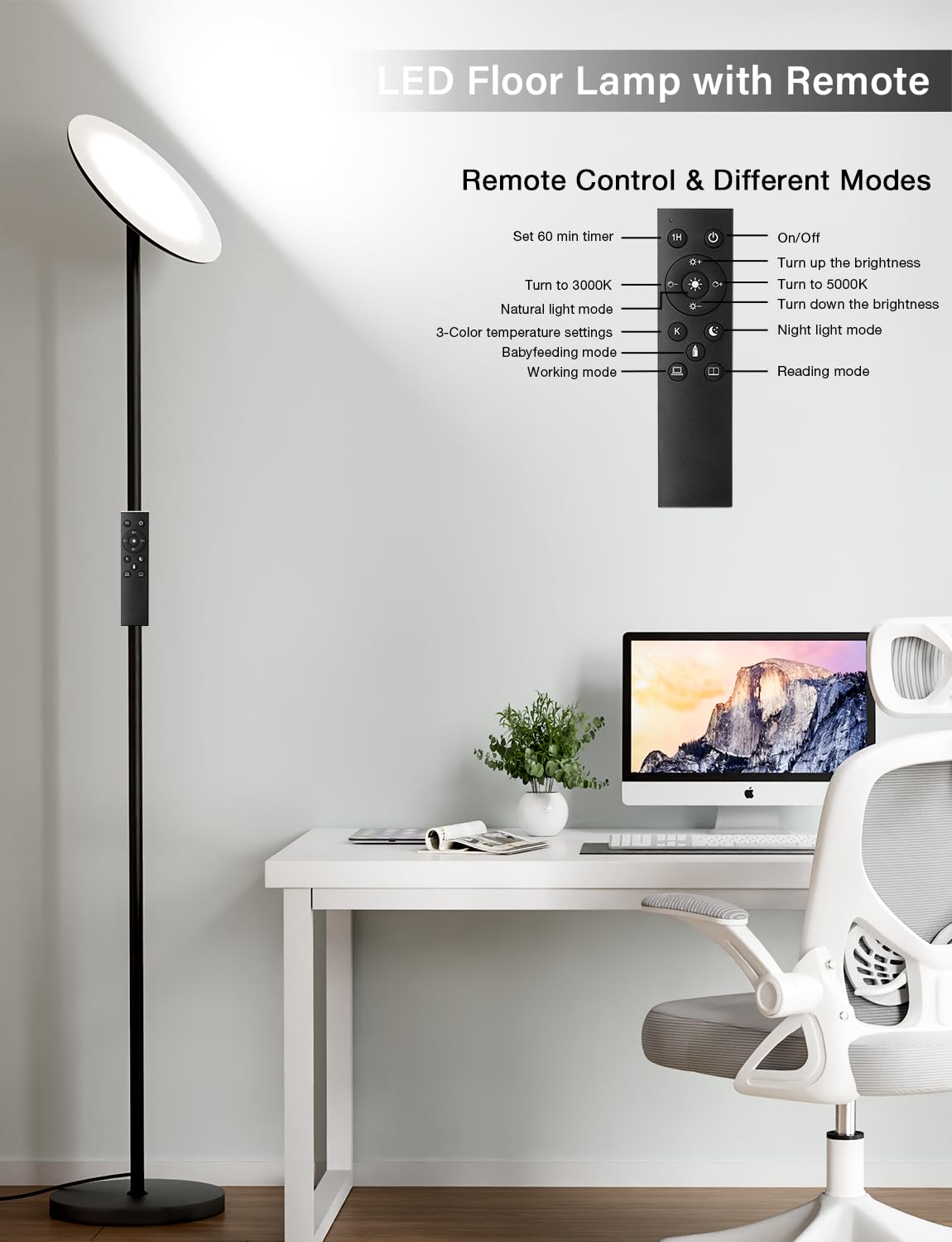 PreeOtti Modern LED Floor Lamp - Remote & Touch Control, 40W/2400LM Sky Torchiere Standing Lamp, Fully Dimmable, 3 Color Temperatures, Ideal for Living Room & Bedroom, Easy to Assemble PreeOtti