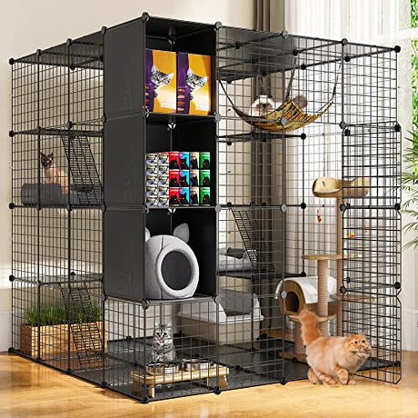 YITAHOME Large Cat Cage with Storage Cube DIY Indoor Catio Cat Enclosures Metal Cat Playpen with Large Hammock for 1-4 Cats 4 Tiers Cat Kennel YITAHOME