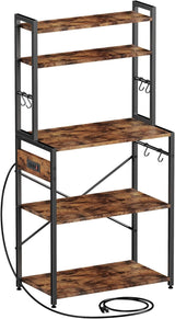 Amosic Kitchen Bakers Rack with Power Outlet, 5 Tiers Coffee Bar Table, Kitchen Microwave Stand with 6 S-shaped Hooks, Kitchen Storage Shelf Rack for Spices, Pots, Rustic Brown Amosic