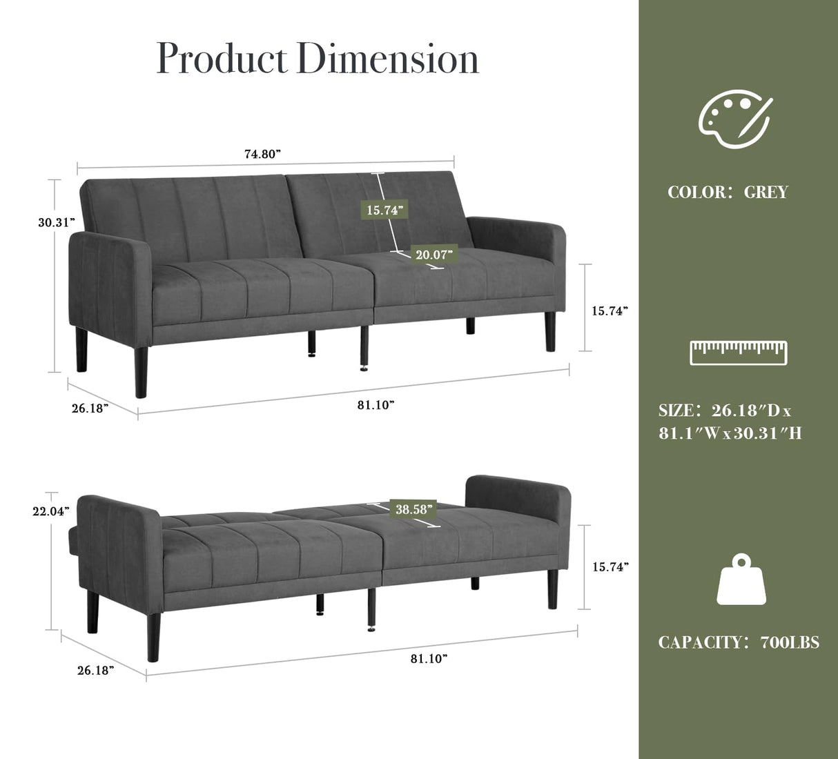 CHYMSUN 82" Convertible Futon Sofa Bed, Comfy Fabric Folding Sleeper Couch Bed w/USB & Adjustable Backrest, 3 in 1 Modern Foldable Recliner Loveseat Futons for Living Room, Apartment, Office (Grey) CHYMSUN