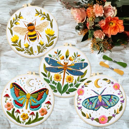 INFUNLY 4 Sets DIY Insect Pattern Embroidery Kits for Starter 11.8"×11.8" Flowers Plants Embroidery Hoop kit Handmade Bees Embroidery Kits Moth Needlepoint Kit with Instruction for Adults Beginners