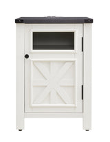 JXQTLINGMU Farmhouse End Table with Charging Station, 18'' Rustic Nightstand with Barn Door & Adjustable Shelf, Wooden Sofa Side Table with 3-Tier Storage for Living Room, Bedroom, White JXQTLINGMU