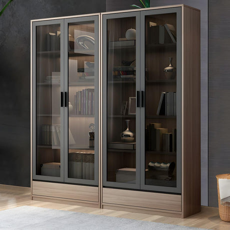 KWOKING Modern Wooden Bookcase with Glass Doors - 8 Shelves and 2 Drawer Storage Solution KWOKING