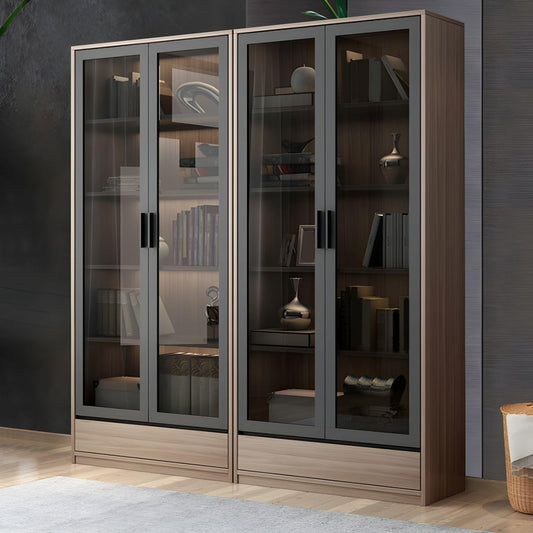 KWOKING Modern Wooden Bookcase with Glass Doors - 8 Shelves and 2 Drawer Storage Solution - WoodArtSupply