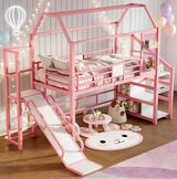 Bellemave Metal Loft/Bunk beds Twin Over Twin, Bunk beds with Slide and Stairs for Kids, Floor House Loft Bed for Kids，Pink Bellemave