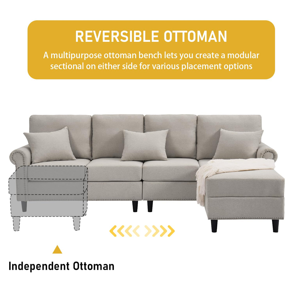EDWINENE Convertible Sectional Couch Sofa for Living Room, Reversible L Shaped Couch with Chaise, 4-Seat Modular Large Couches with Storage Ottoman & 3 Pillows, Light Grey EDWINENE