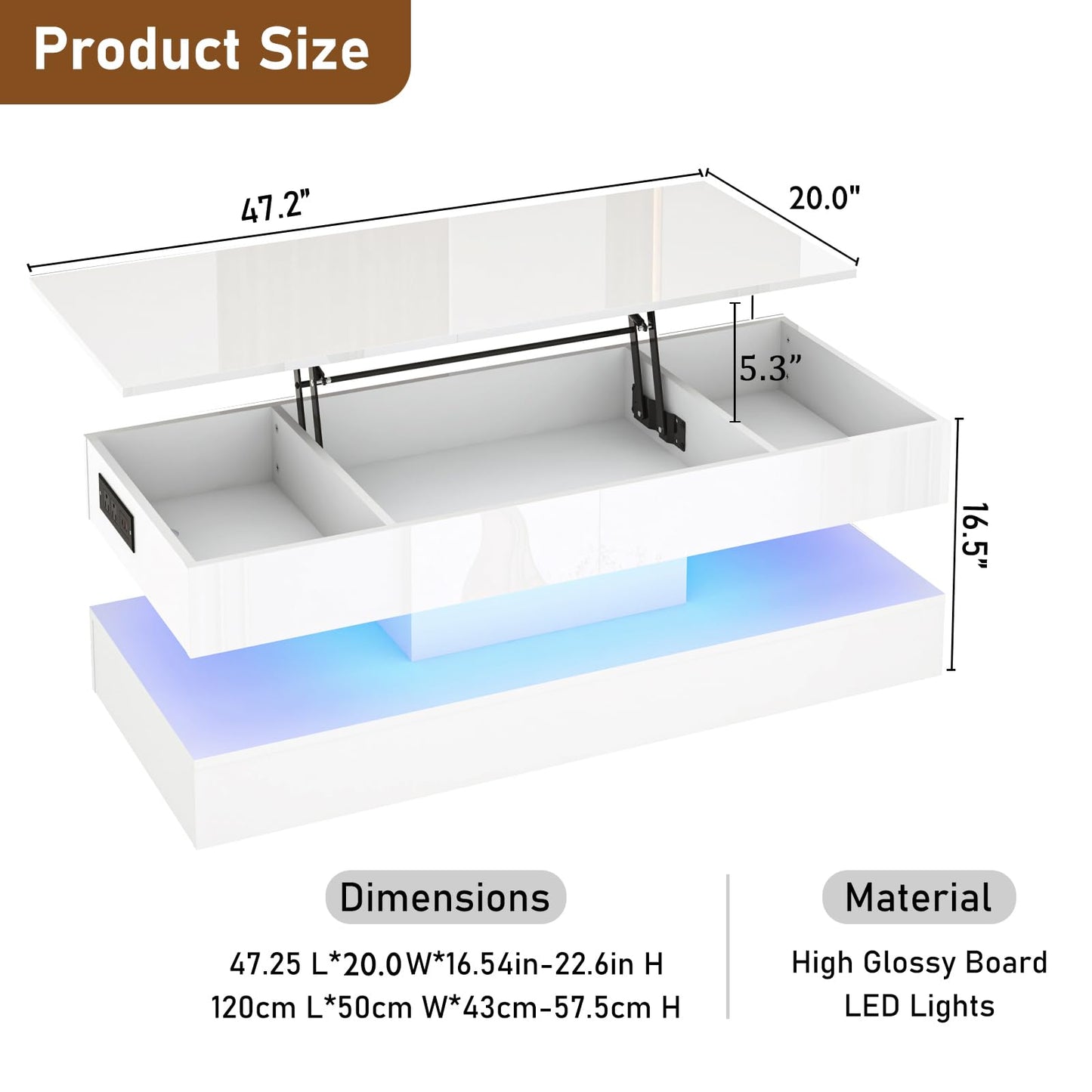 47.2" Large Lift Top Coffee Table,Modern High Glossy LED Coffee Tables for Living Room with Storage,Black Living Room Tables for Living Room,Dining Room,Bedroom Home Office,APP LED Lights(White)