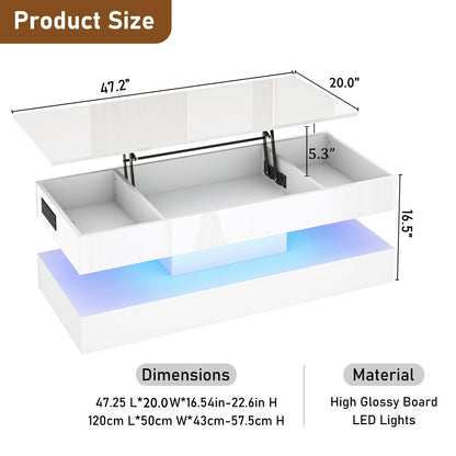 47.2" Large Lift Top Coffee Table,Modern High Glossy LED Coffee Tables for Living Room with Storage,Black Living Room Tables for Living Room,Dining Room,Bedroom Home Office,APP LED Lights(White)