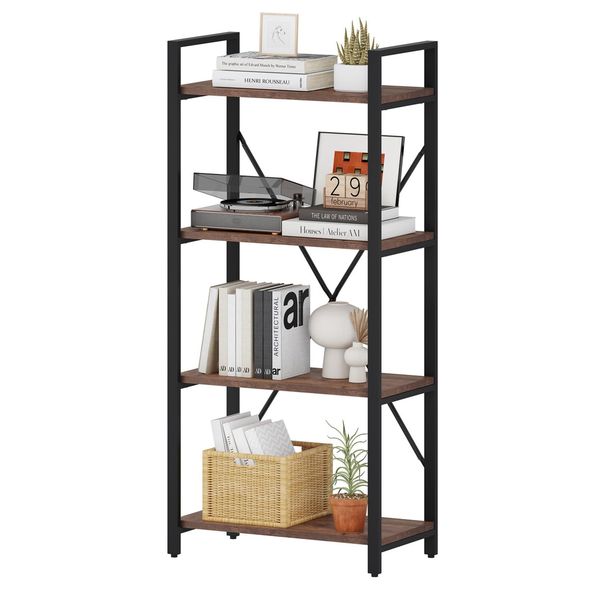 BON AUGURE Rustic Oak 4-Tier Industrial Bookshelf – Modern Open Etagere for Home and Office BON AUGURE
