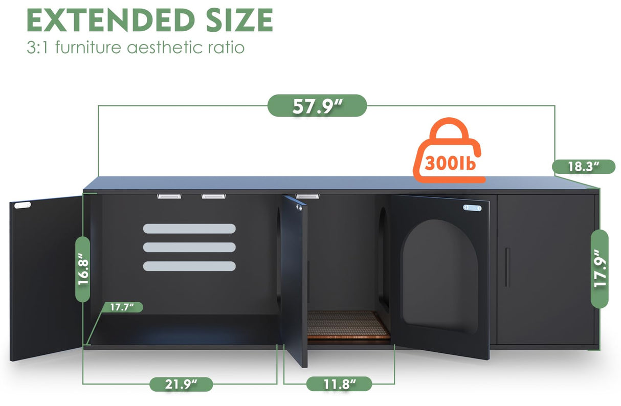 Amunrbrek Litter Box Enclosure for 2 Cats, Cat Litter Box Enclosure Furniture with Double Room, Wooden Litter Box Furniture with Cat Door, Black amunrbrek