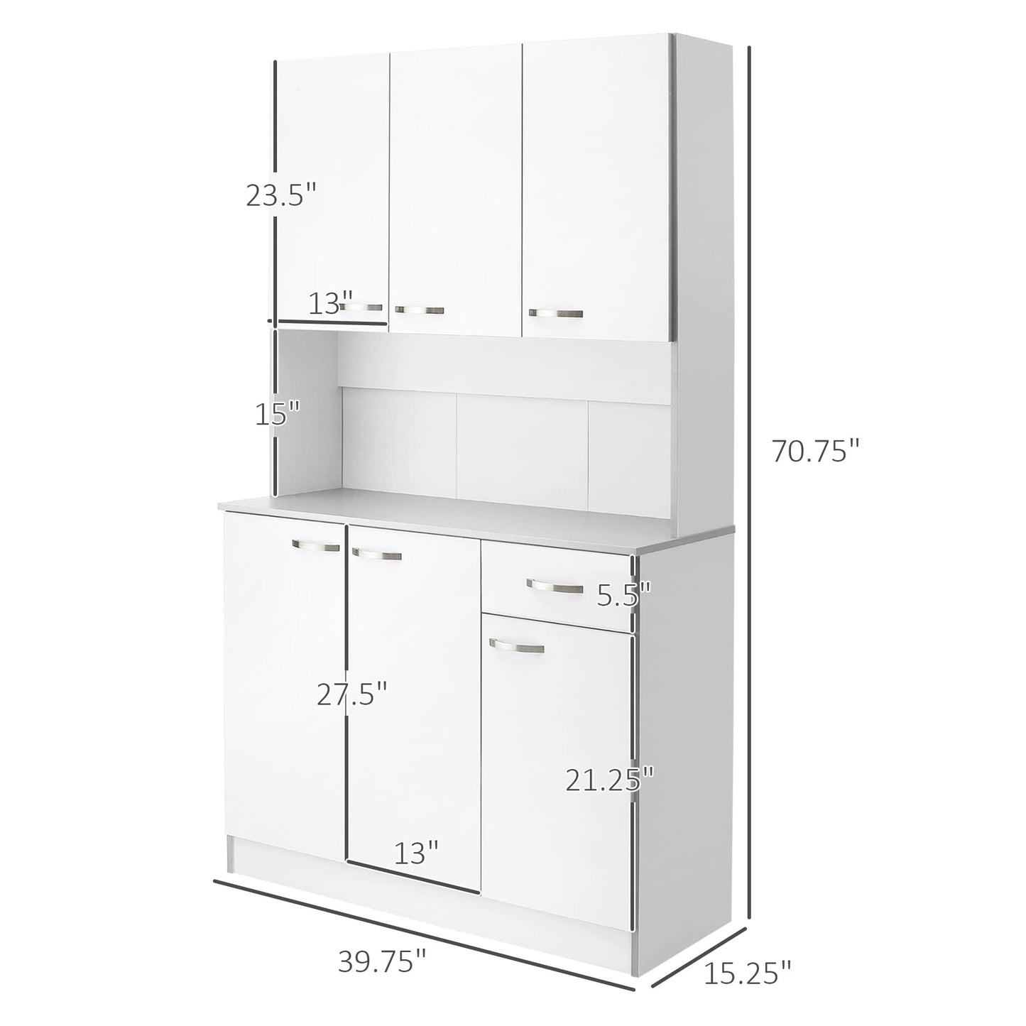 HOMCOM 71" Freestanding Buffet with Hutch, Kitchen Storage Cabinets, Pantry with 6 Doors, 3 Adjustable Shelves, and Drawer for Living Room, White - WoodArtSupply