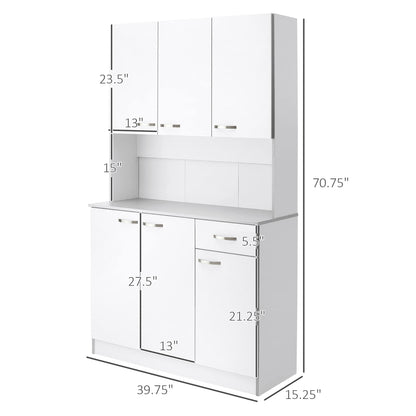 HOMCOM 71" Freestanding Buffet with Hutch, Kitchen Storage Cabinets, Pantry with 6 Doors, 3 Adjustable Shelves, and Drawer for Living Room, White - WoodArtSupply