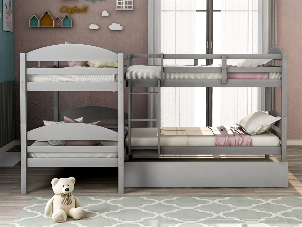 Quad Bunk Bed with Trundle,Twin-Over-Twin L Shape Bunk Bed Frame with Built in Ladder and Guardrail,Wood Bunk Bed Corner BunkBed for Accommodating 5,Family Bedroom Dorm,No Box Spring Needed,Gray TRIPLE TREE
