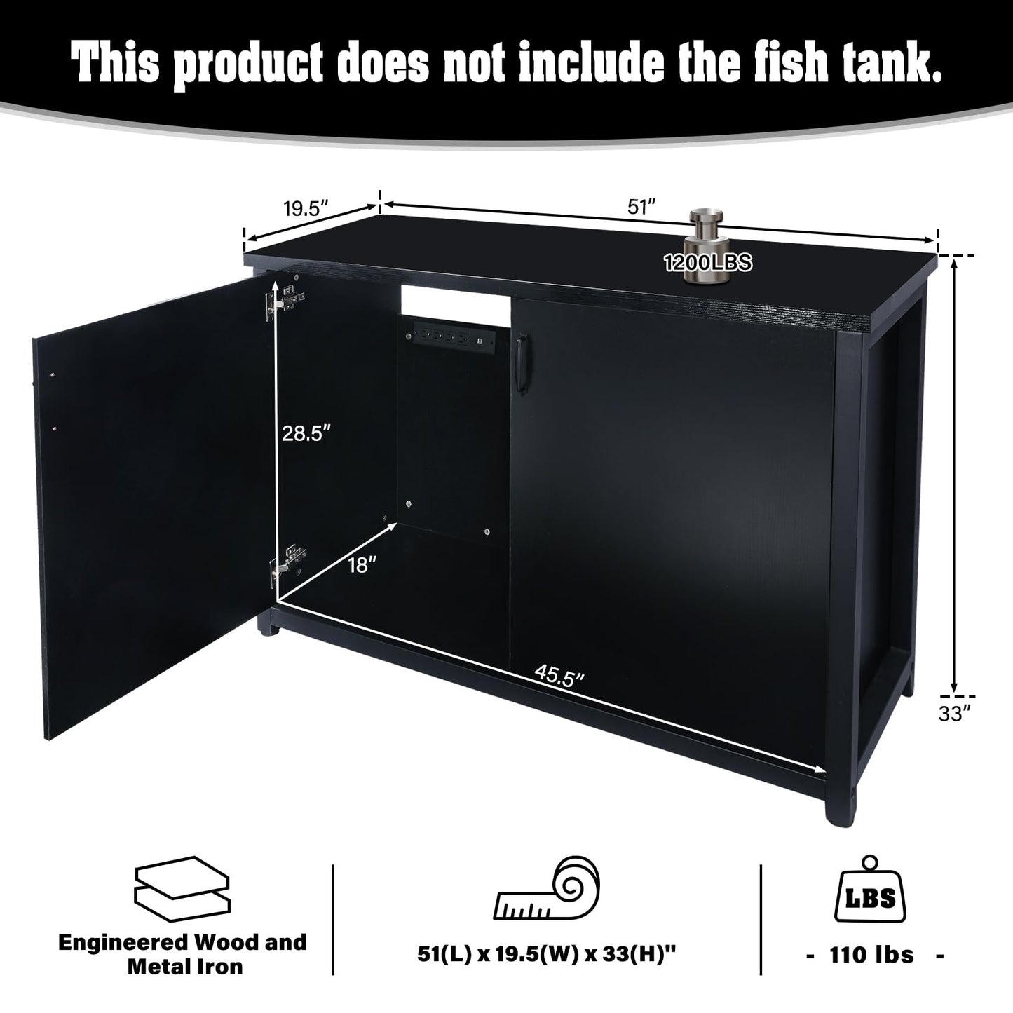 TC-HOMENY 55-75 Gallon Aquarium Stand with Charging Station, 1200lb Load Capacity, Metal Fish Tank Stand with Large Storage Cabinet and Cable Holes, 51" L x 19.5" W Tabletop, Fit for Living R - WoodArtSupply