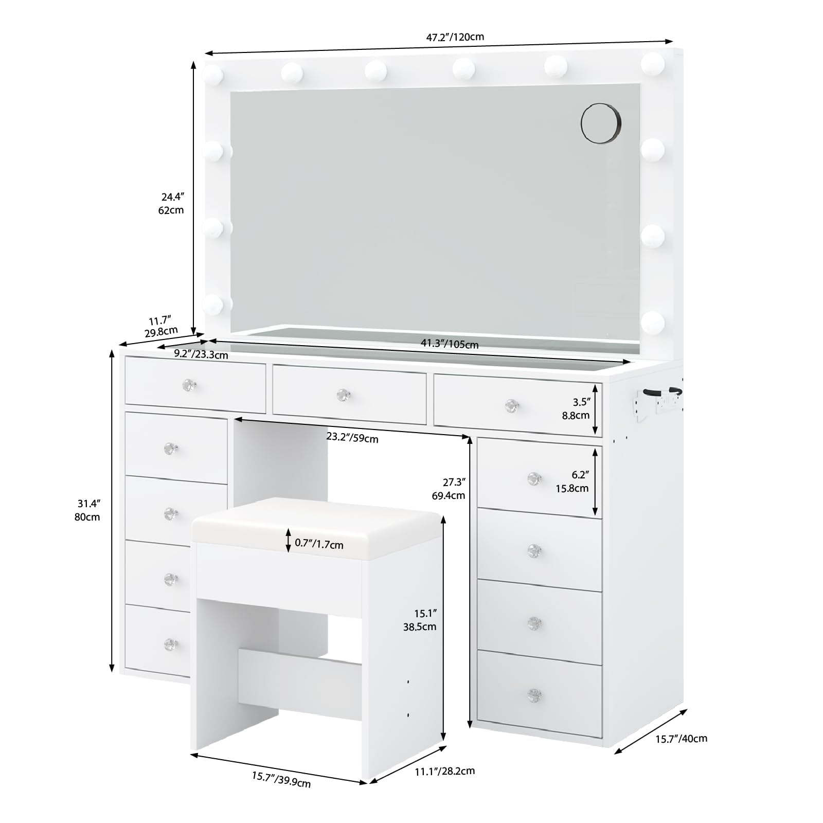 Yanosaku Vanity desk & Power Outl, Makeup Vanity with Mirror and 12 LED Lights, Makeup Table with 11 Drawers, Vanity Table with Chair，Vanity Set 3 Lighting Modes Brightness Adjustable-(White) - WoodArtSupply