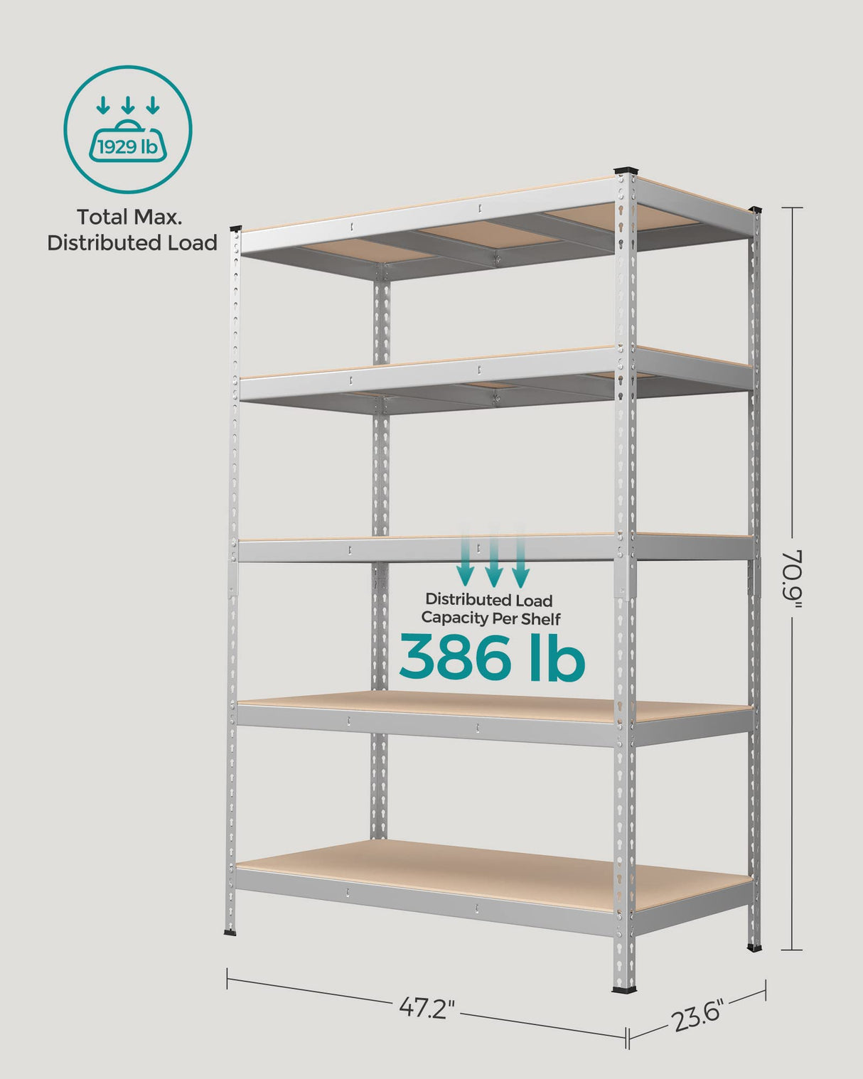 SONGMICS 5-Tier Storage Shelves, Set of 2 Garage Storage, Boltless Assembly, Adjustable Shelving Units, 23.6 x 47.2 x 70.9 Inches, Load 1929 lb Each, Shed Warehouse Basement, Silver UGLR600E02 SONGMICS