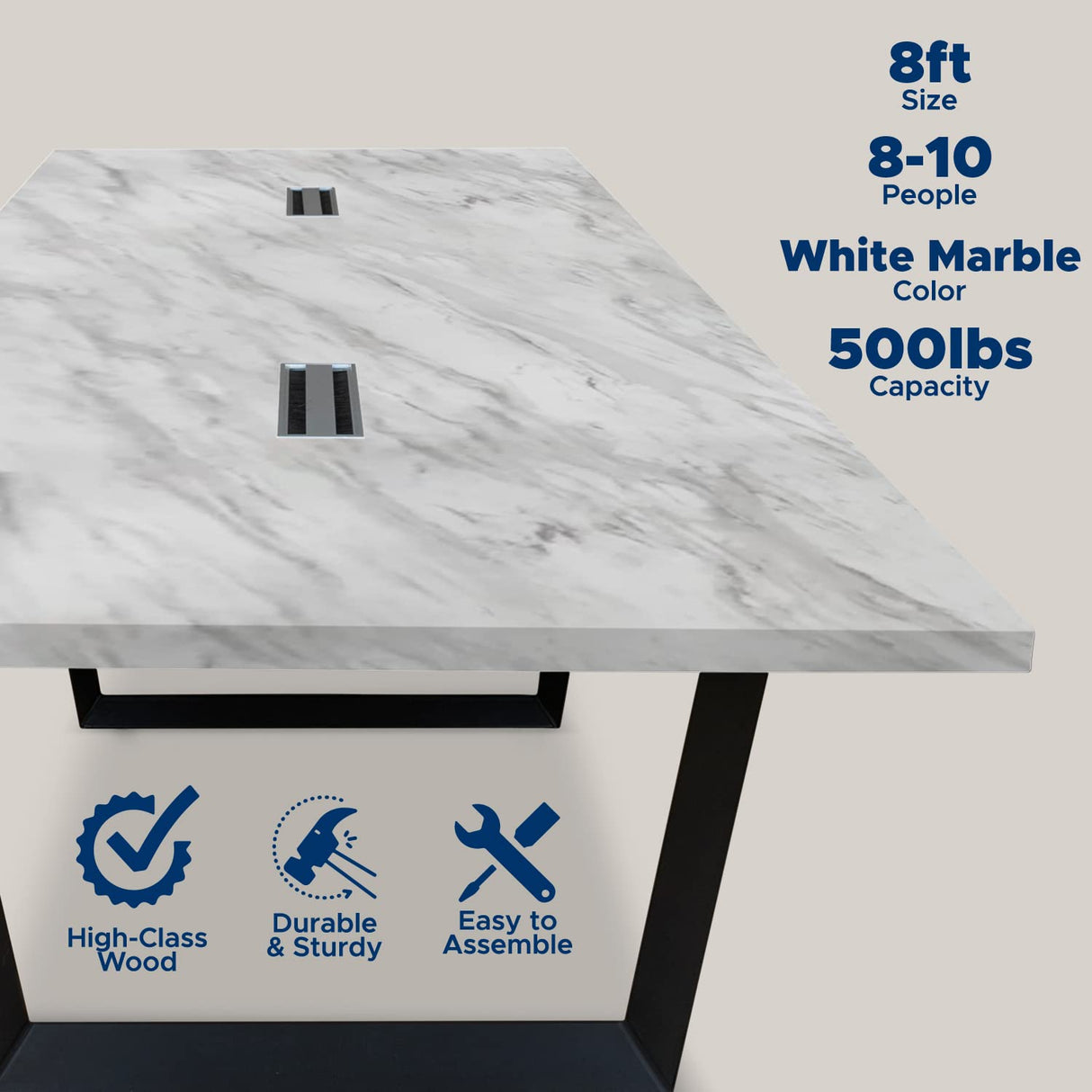 ahliss Sturdy Conference Table with Cable Management Grommets Modern Rectangle Office Meeting Table with Wood Tabletop and Metal Frame & Legs- Easy Assembly Boardroom Table (White Marble, 8 Foot) ahliss