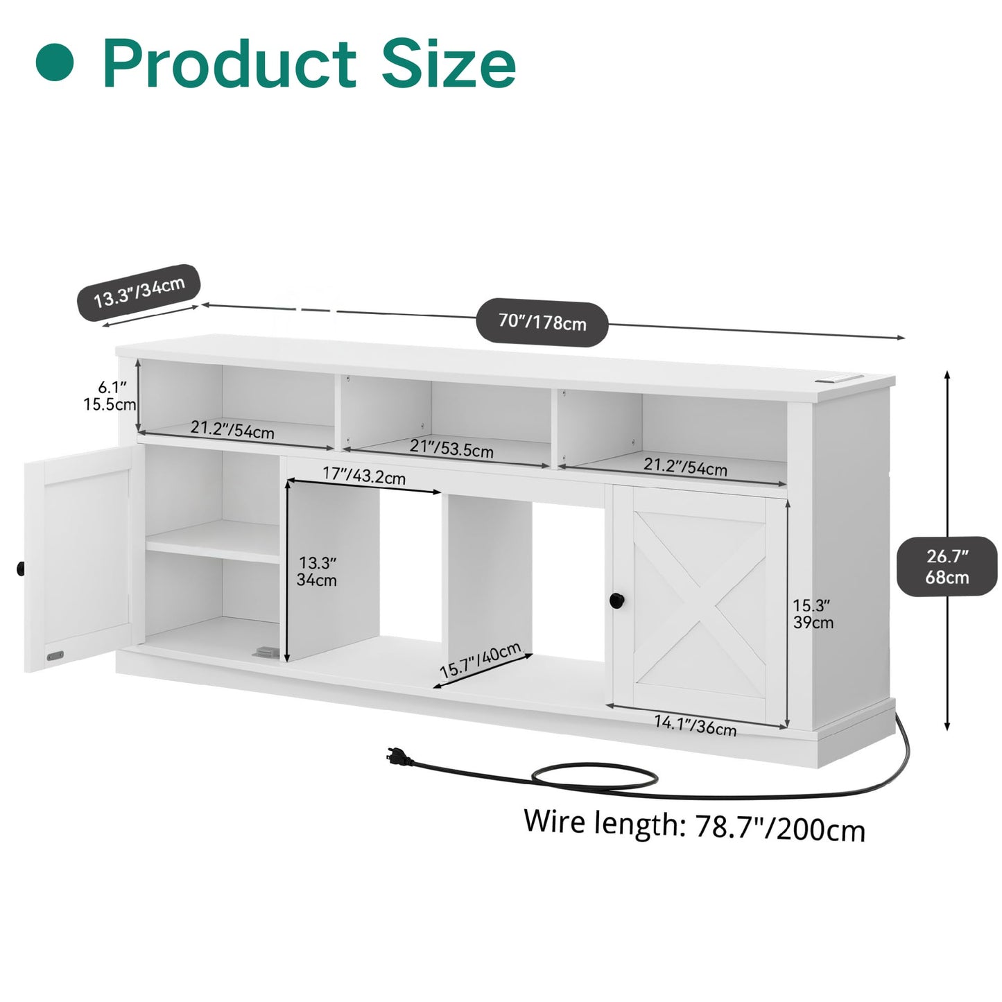 YITAHOME Farmhouse TV Stand for 75/80 Inch TVs, Entertainment Center, TV Console with Storage Cabinets, Power Strip and LED Light Strip, TV Stands for Living Room, 70" White