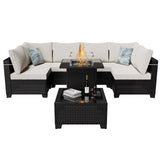 Peacabo Patio Furniture Set with Fire Pit Table, 8-Piece Outdoor Furniture Sofa Set with Thick Cushions, Wicker Sectional Sofa for Porch Garden Backyard, Brown/Beige Peacabo