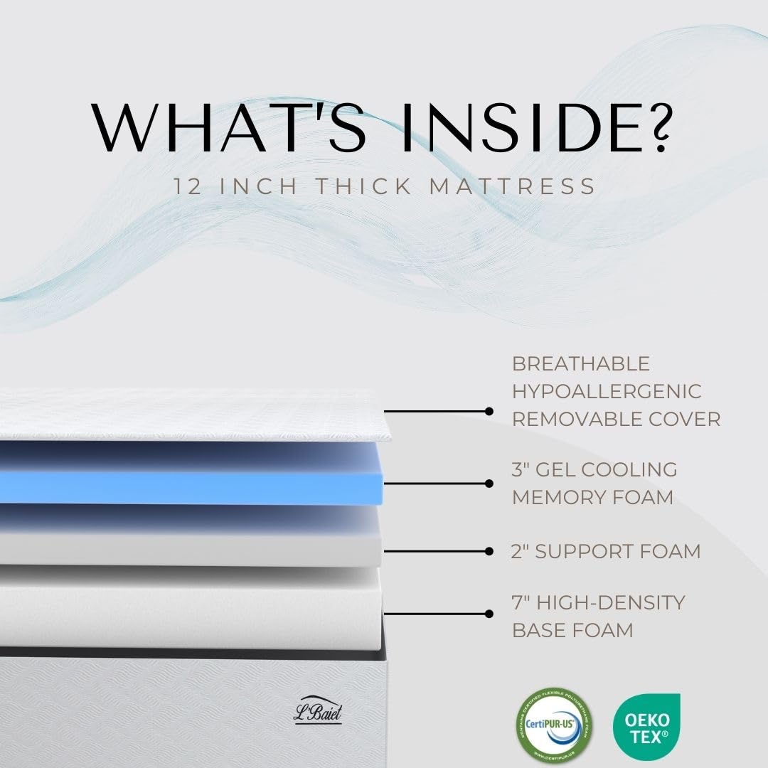 L’Baiet 12” Gel Memory Foam Mattress, Twin Size/Bed in a Box/Medium Firm/Breathable Cooling-Gel Comfort Technology/Pressure Relief/Comfy Support/Soft Fabric Cover/CertiPUR-US Certified L'Baiet