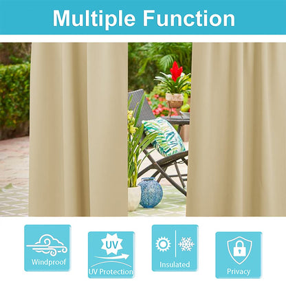 RYB HOME Patio Curtains Outdoor 2 Panels - Detachable Top Waterproof Outdoor Blackout Curtains Drapes for Porch Pergola Gezebo Cabana Sun Room Deck, W 52 x L 84 inch Long, Beige - WoodArtSupply