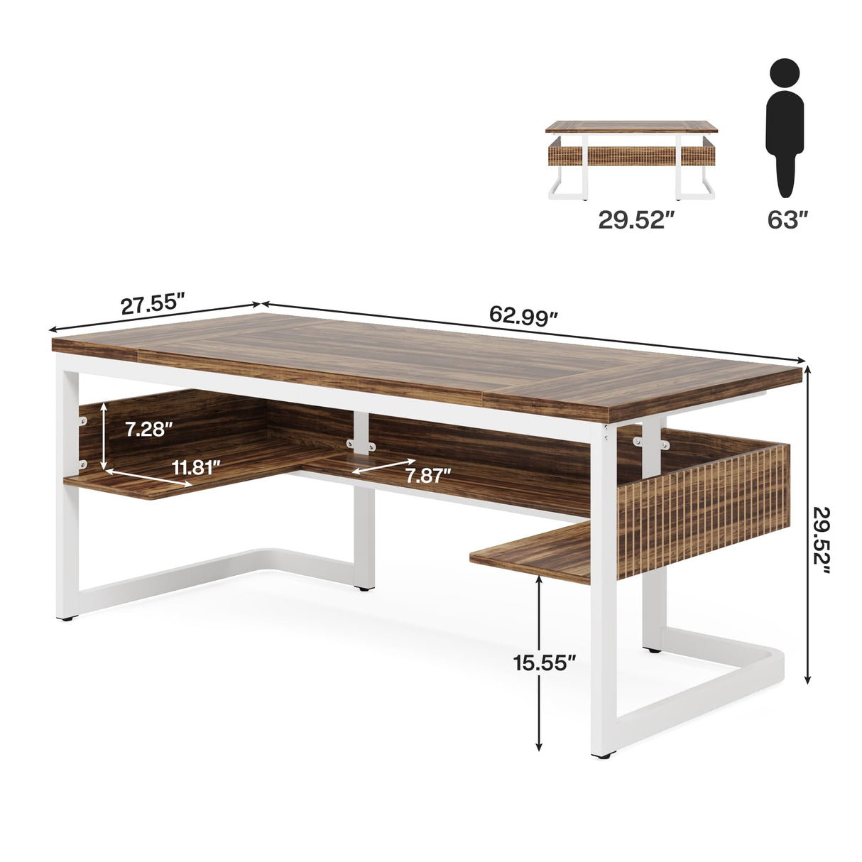 Tribesigns 63" Executive Desk with Bottom Shelves, Large Office Computer Desk, Modern Simple Workstation Business Furniture for Home Office (Walnut & White) Tribesigns