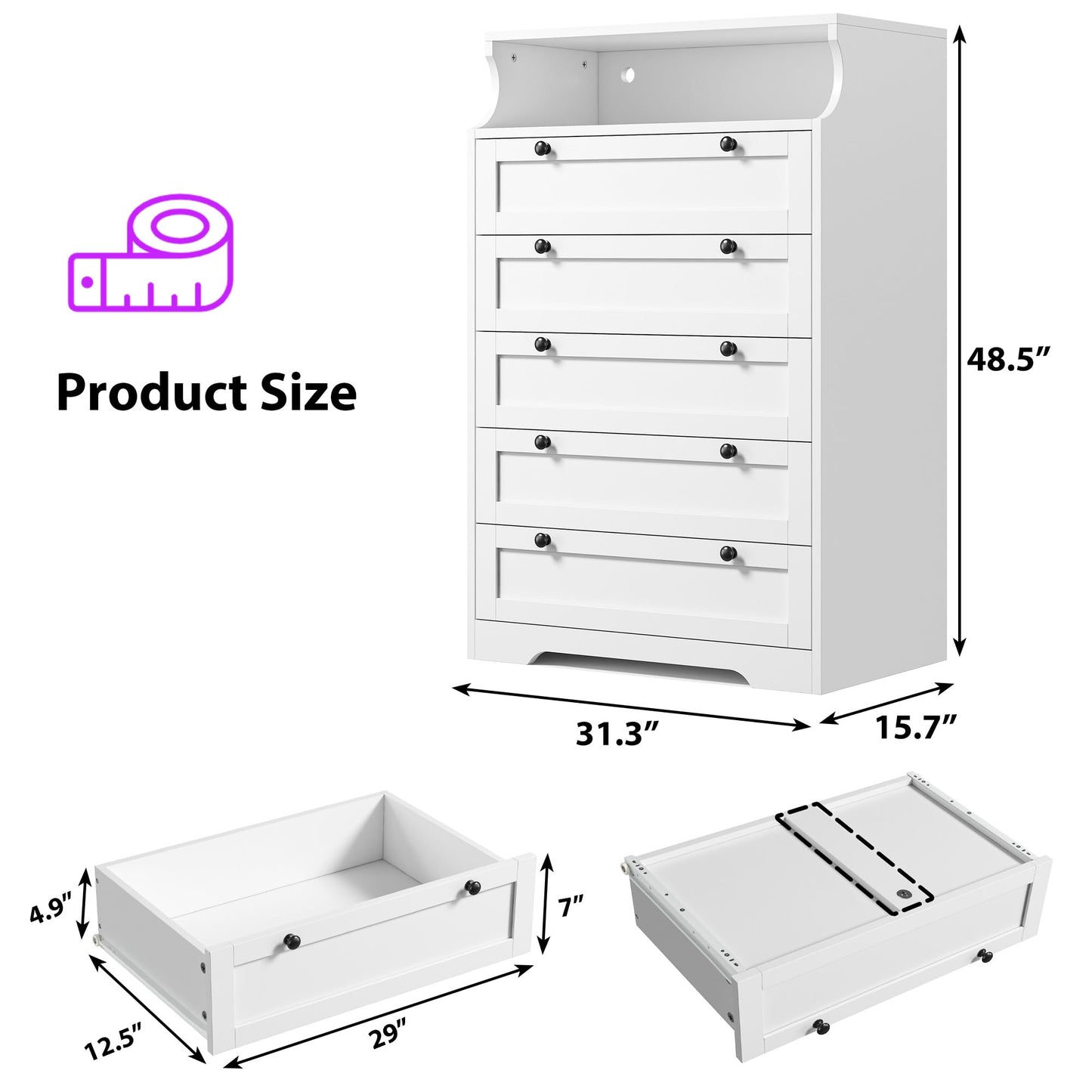 EnHomee Dresser for Bedroom, Modern White Dresser with LED Light, Tall Dresser with 5 Large Wood Drawers for Closet Organizers and Storage Clothes, Chests of Drawers for Closet, Entryway - WoodArtSupply