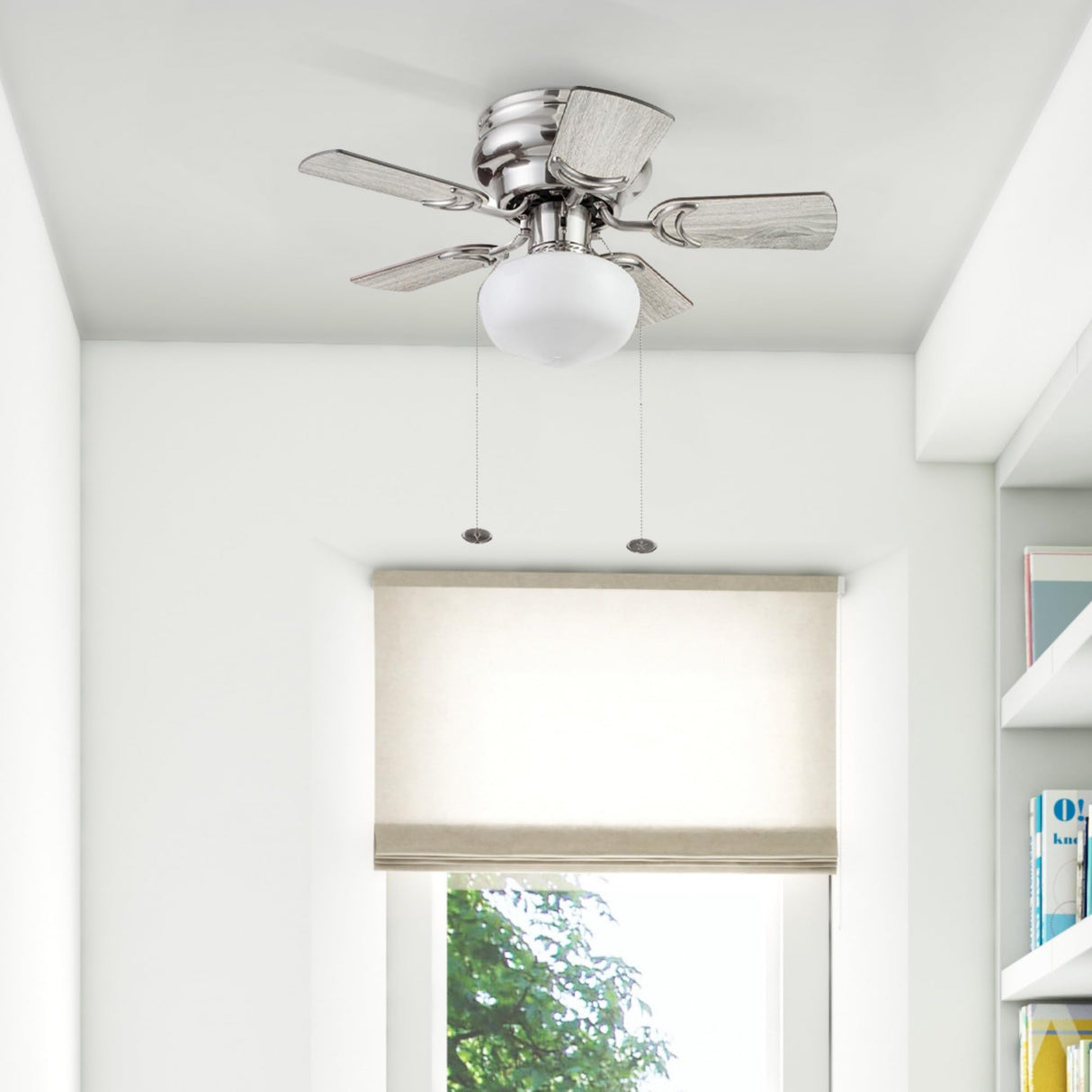 Prominence Home Hero, 28 Inch Traditional Flush Mount Indoor LED Ceiling Fan with Light, Pull Chain, Dual Finish Blades, Reversible Motor - 51656-01 (Brushed Nickel) Prominence Home