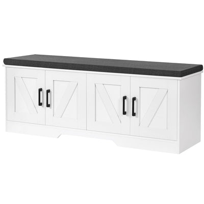 HOMSHO 2-Tier Storage Bench, Shoe Bench with Padded Seat Cushion, Entryway Bench with 4 Barn Doors, Adjustable Shelf, 13.8" D x 47.2" W x 17.7" H, for Entryway, Living Room, Bedroom, White
