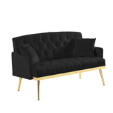 Small Loveseat Sofa, 55.5-inch Modern Sofa Couch with with 2 Side Pockets, Modern Tufted Sofa with Golden Metal Legs, Upholstered Space Saving Love Seat for Living Room, Bedroom, Office, Black KINFFICT