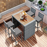 EPOFIT 5-Piece Grey Wicker Outdoor Bar Set with Cushioned Stools and Acacia Wood Top Table EPOFIT