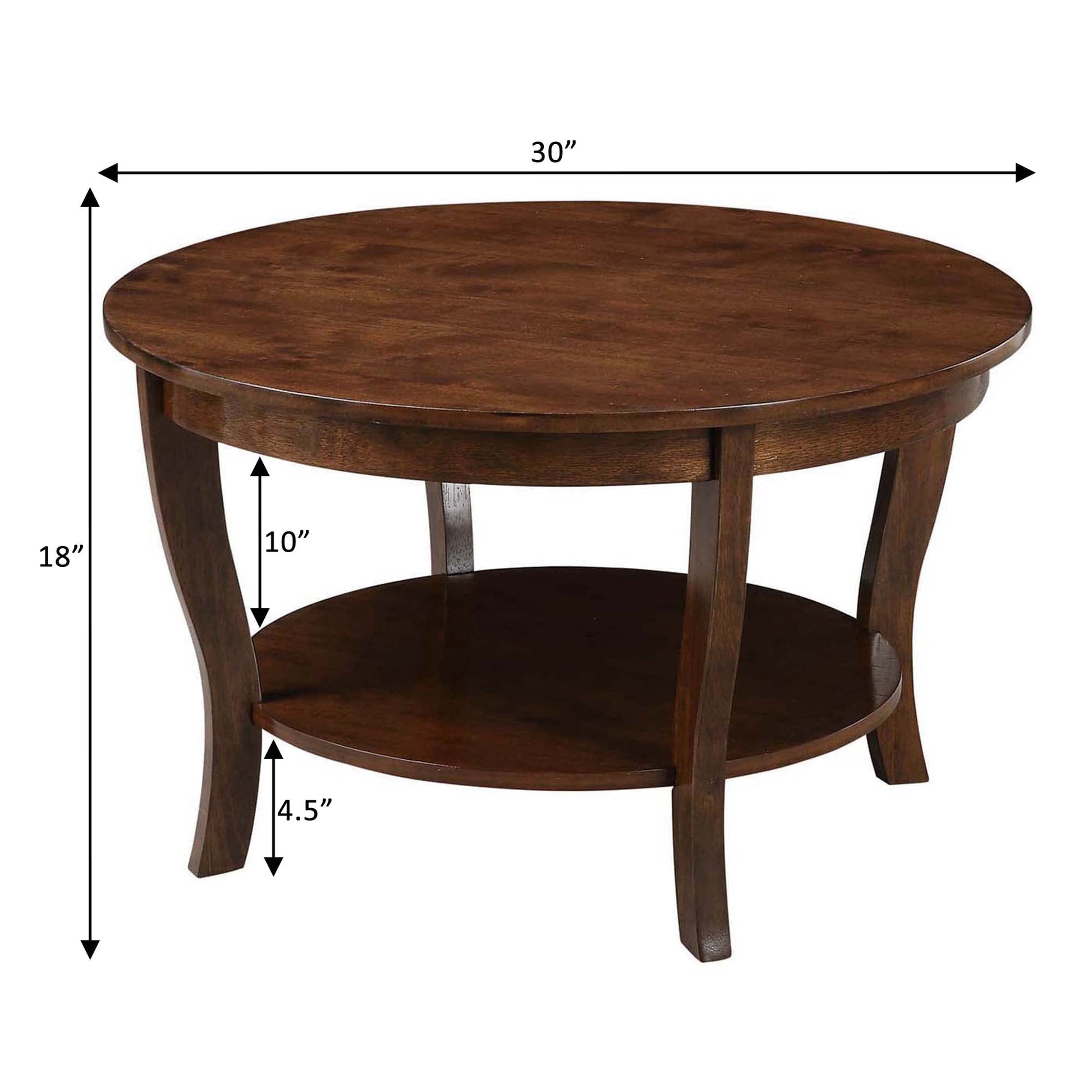 Convenience Concepts American Heritage Round Coffee Table with Shelf, 30(L) x 30(W) x 18"(H), Espresso - WoodArtSupply