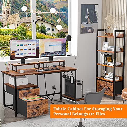 Furologee Computer Desk with Drawer and Power Outlets, 47" Office Desk with 2 Monitor Stands and Fabric File Cabinet, Writing Gaming Table with Shelves and 2 Hooks for Home Office, Rustic Brown Furologee