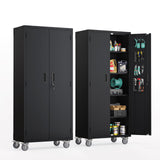 VINGLI 72'' Tall Garage Storage Cabinet, Metal Storage Cabinet with Pegboards, Wheels, Locking Doors and Adjustable Shelves (Black, 32''W x 16''D x 72''H) VINGLI