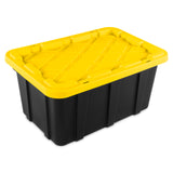 Sterilite 17 Gal Industrial Tote, Stackable Storage Bin with Snap-Fit Lid for Garage, Basement & Attic Storage, Black Base and Yellow Lily Lid, 6-Pack Sterilite