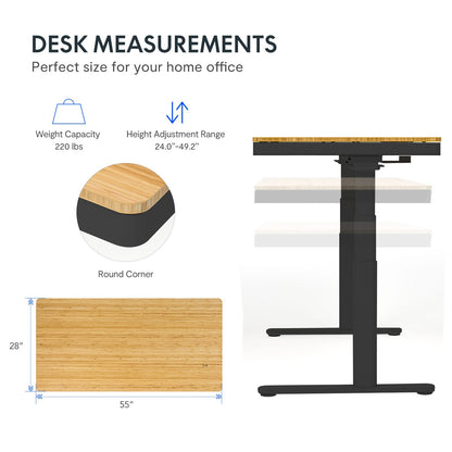 SANODESK Standing Desk with Drawer,Dual Motor 3 Stage Electric Height Adjustable Home Office Desk with Storage & Wireless Charging, 55 inch Bamboo Tabletop/Black Frame