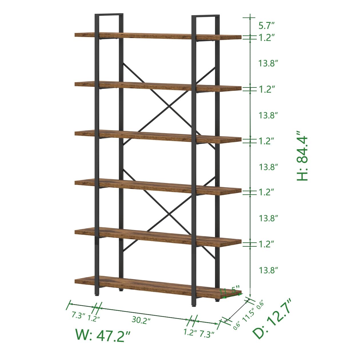 HSH 6 Shelf Tall Bookcase, Industrial Modern Large 6 Tier Bookshelf, Open Wood and Metal Display & Storage Rack,Farmhouse Bookcases and Book Shelves 6 Shelf for Bedroom Living Room Office,Rustic Brown