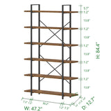 Industrial Modern 6-Tier Tall Bookcase in Rustic Brown - Open Wood and Metal Display Rack HSH