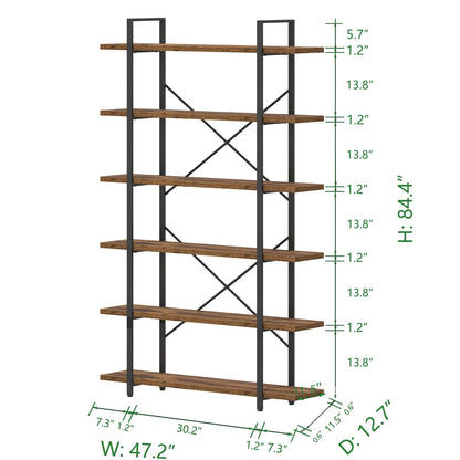 HSH 6 Shelf Tall Bookcase, Industrial Modern Large 6 Tier Bookshelf, Open Wood and Metal Display & Storage Rack,Farmhouse Bookcases and Book Shelves 6 Shelf for Bedroom Living Room Office,Rustic Brown