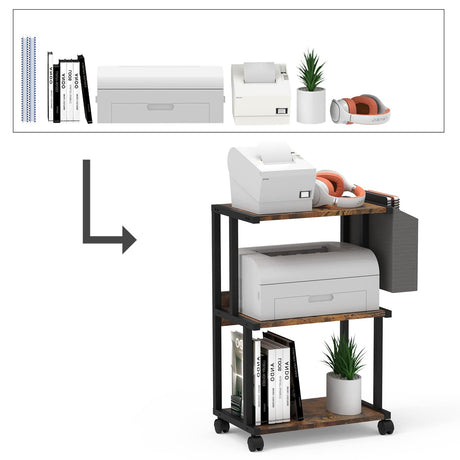 Ostreeful 3 Tier Printer Stand Rustic Brown Printer Mobile Wooden Printer Shelf Table Organizer for Home Office Kitchen Oastreeful