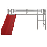 DHP Junior Twin Metal Loft Bed with Slide, Multifunctional Design, Silver with Red Slide DHP
