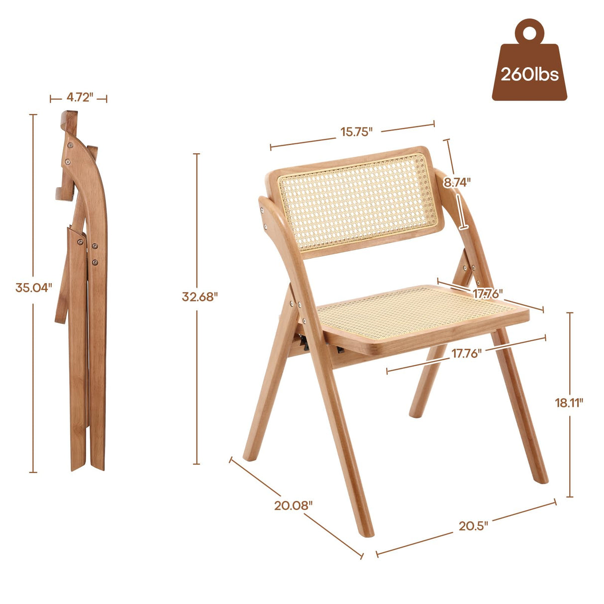 Bekrvio Folding Chair Solid Wood Rattan Chairs, Mid-Century Modern Rattan Dining Chairs with Cane Back Handmade for Living Room Bedroom, Garden Balcony, Office, No Assembly Required (Natural) Bekrvio