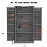FJTJBSI 50" LED Kitchen Pantry Cabinet with 3 Adjustable Shelves and 2 Doors Wood Pantry Storage Cabinet with Handle for Kitchen Living Room and Dinning Room Grey FJTJBSI